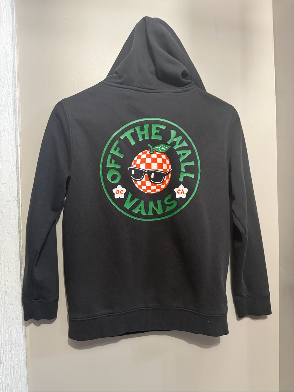 Vans Black Hoodie with Green Circular Back Logo & Orange Check Graphic
